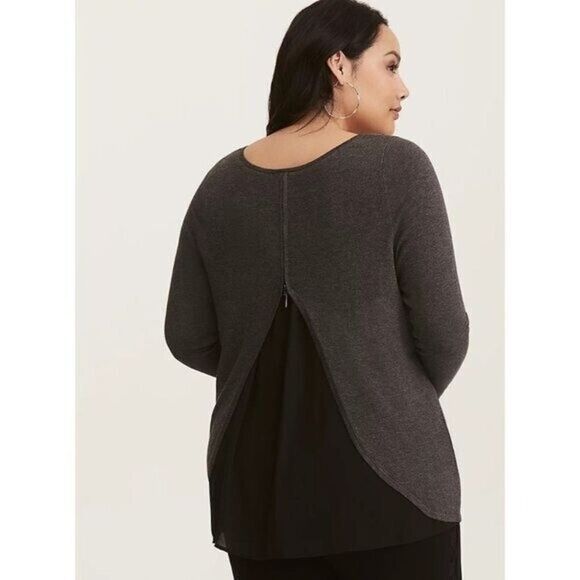 Torrid Charcoal Gray & Black Chiffon Inset Zip Back Sweater 2 - Picture 1 of 6